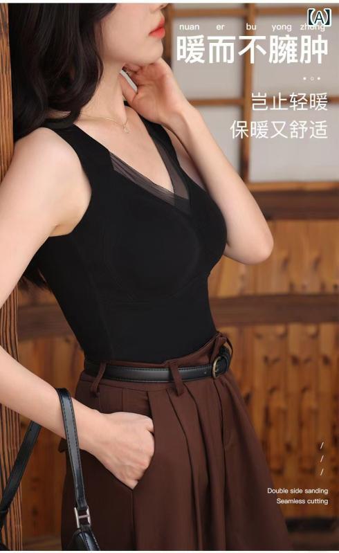 インナー レディース 秋冬 グラフェン 保温 あったか Vネック スリムフィット カップ付き ブラトップ 背中見せ 一体型 徳絨素材 裏起毛..