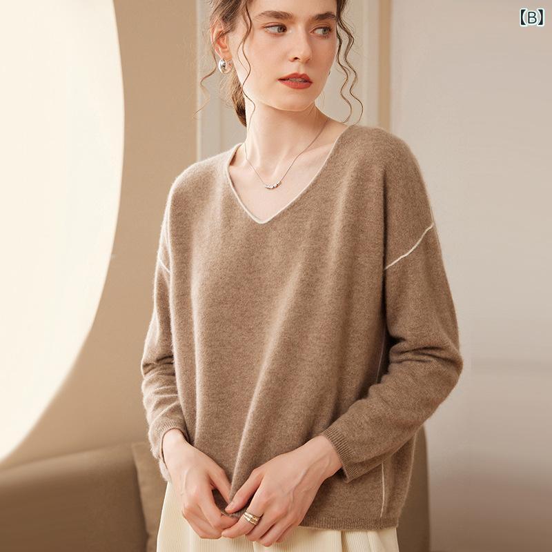 ニット レディース 秋冬 カシミヤ セーター Vネック 長袖 プルオーバー ゆったり 厚手 こなれ感 リラックススタイル オフィス カジュアル デイリー 通勤 オフホワイト パープル