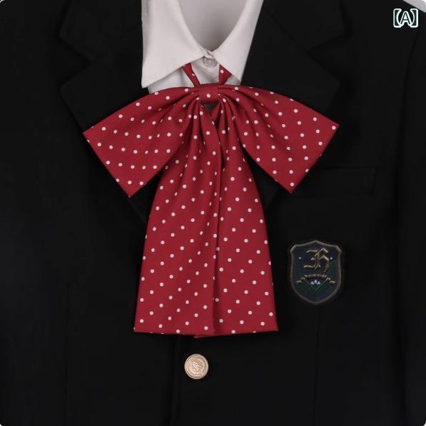 リボンタイ レディース 学生 水玉模様 かわいい ロング 制服スタイル ポルカドット ポリエステル シルク調 蝶ネクタイ アクセサリ レッド ピンク ネイビー ブラック