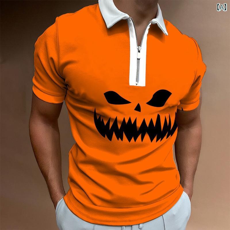 POLOシャツ メンズ 半袖 襟付き 3Dプリント ストライプ ハロウィン ビジネス カジュアル スリム フィット 通気性 吸湿速乾 トップス