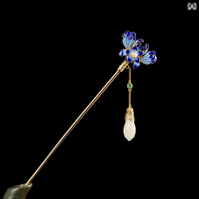 かんざし 髪飾り 宮廷風 シルバー925 和田玉 天然石 マグノリア 焼き青 エナメル 古風 レトロ アンティーク タッセル 上品 エレガント ..
