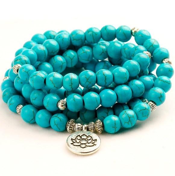 数珠ブレスレット 天然石 ターコイズ メノウ 108玉 8mm珠 蓮 オーム 仏眼 合金 ペア ユニセックス お守..