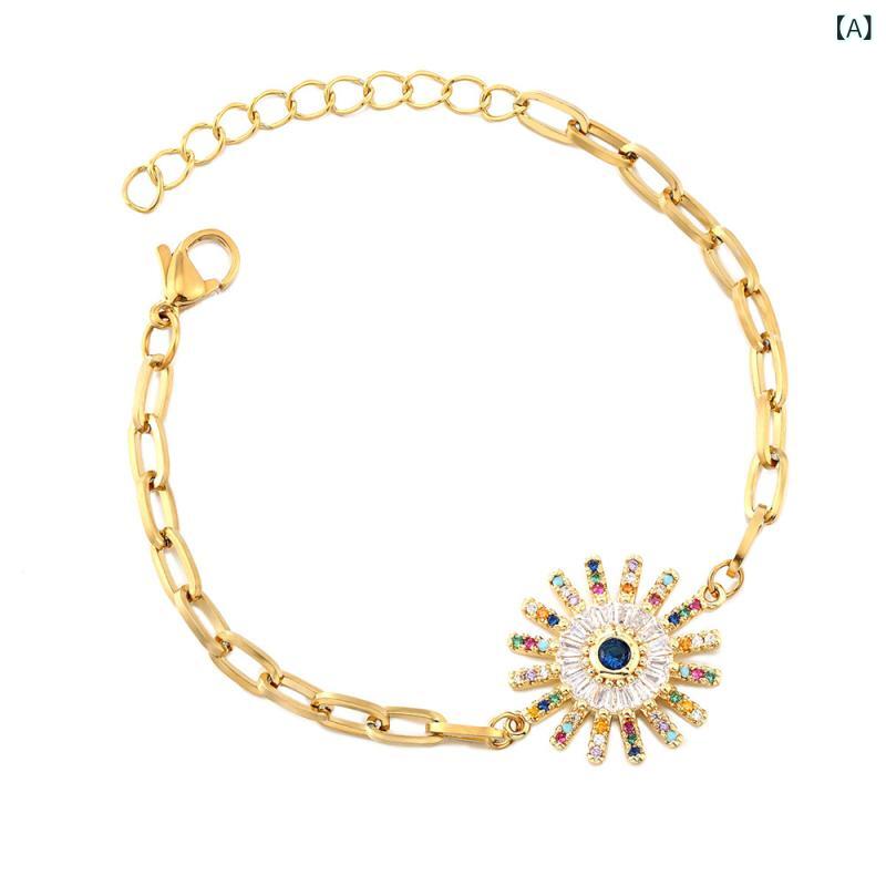 ブレスレット レディース 女性用 向日葵 ひまわり フラワー ジルコニア ステンレス サージカルステンレス おしゃれ クリエイティブ HIPHOP ストリート チェーン ゴールド シルバー ローズゴールドカラー 腕輪(x2)