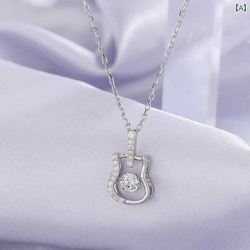 Cubic Zirconia - ネックレス 女性用 999純銀 シルバー ギターモチーフ 欧米 パンク ロック ヒップホップ ストリート 個性的 ジルコニア ストーン 鎖骨ペンダント 首飾り 電気メッキ加工