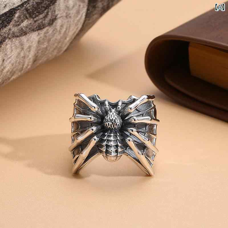 指輪 リング メンズ クモ 蜘蛛 アニマルモチーフ タイシルバー シルバー 開口式 サイズ調整可能 パンク ロック ストリート レトロ ヴィンテージ ファッション クール 存在感 個性的