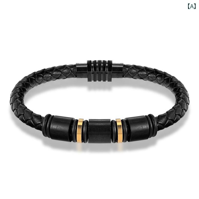 Jade - ブレスレット メンズ ステンレス 本革 レザー 編み込み シンプル 腕輪 バングル 男性用 アクセサリー 装飾品 カジュアル ビジネス オフィス 通勤 普段使い 電気メッキ加工 幾何学模様 円形モチーフ