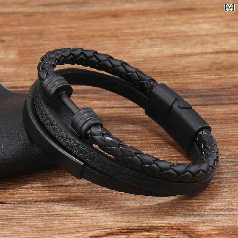 ブレスレット メンズ レザー 編み込み マグネット式留め具 レトロ ヴィンテージ風 手作り ハンドメイド カジュアル アクセサリー ブラック ブラウン