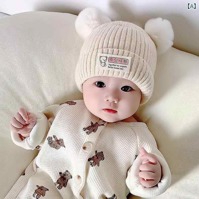 Rakuten - ニット帽 ベビー 赤ちゃん 男の子 女の子 秋冬 ポンポン付き 韓国風 クマデザイン かわいい 厚手 保温 アクリル 綿裏地 フリース裏地