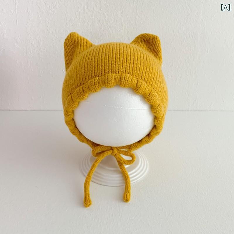Rakuten - 帽子 ベビー 乳幼児 かわいい 猫耳 ニット帽 アルパカウール 耳当て付き 囟門保護 薄手 保温 防寒 秋冬 プルオーバー 黄色 ピンク オフホワイト 赤 ベージュ ブラウン 5ヶ月から24ヶ月向け 丸型トップ