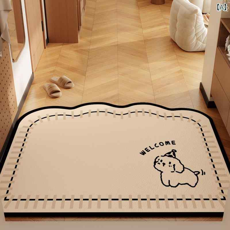 玄関マット ドアマット エントランスマット フレンチクリーム調 カートゥーンアニマル柄 犬 うさぎ デザイン 滑り止め 防水 拭ける お手入れ簡単 合成皮革 PVC レザー調 変形 淡色 ニュアンスカラー リビング 子供部屋
