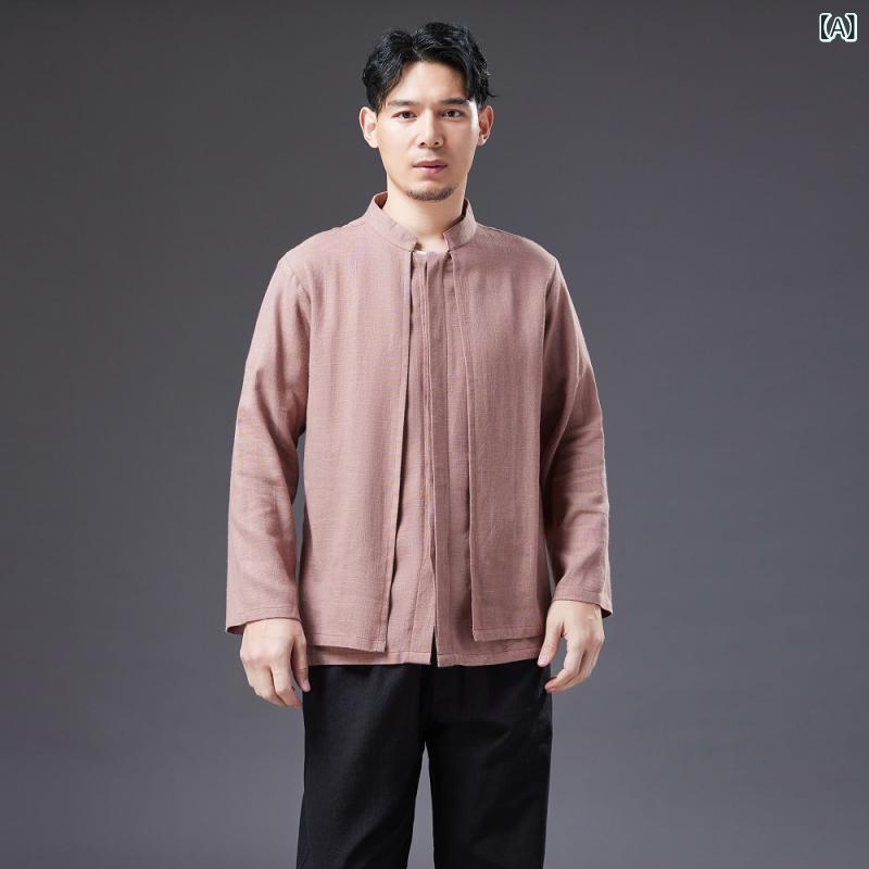 乐天商城 - シャツ メンズ 綿麻素材 ラウンドネック チャイナ風 レトロ 盤釦 ゆったりシルエット 長袖 ライトアウター カジュアル 普段使い 重ね着風