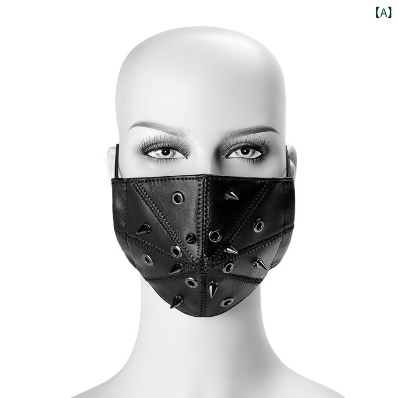 Full Mask - マスク 男女兼用 ユニセックス ハロウィン スチームパンク PM2.5対応 防塵 仮面 パーティー 仮装 コスプレ イベント レザー 漆加工 耳掛け式 無地 黒