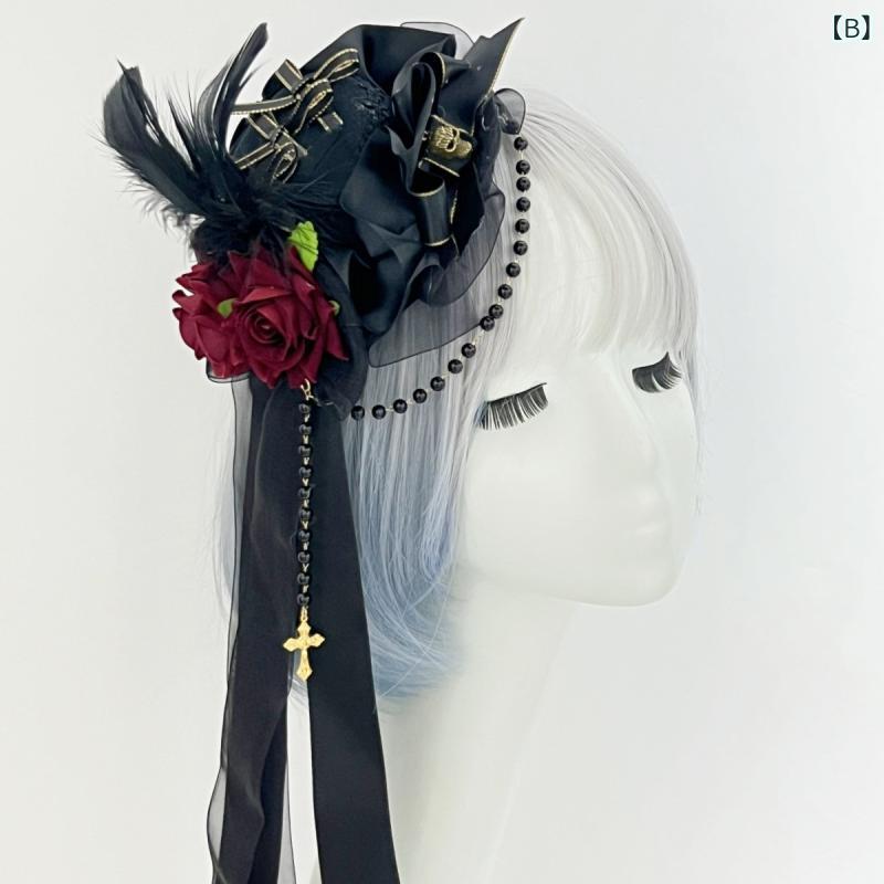 narukiのヘッドドレス レディース ゴシック レトロ ダーク ロリータ ミニハット カクテルハット 羽根 フェザー ハロウィン 仮装 コスプレ パーティー イベント 撮影 発表会 ヴァンパイア 魔女 ヘアアクセサリー 髪飾り｜アングル2