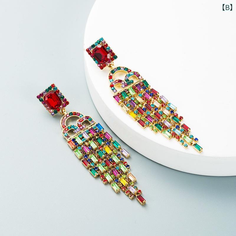ピアス イヤリング レディース 欧米風 ファッション トレンド 合金製 ロング フリンジ カラースクエアジルコニア 華やか 普段使い パーティー