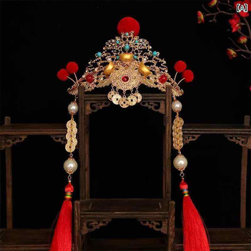 ヘアアクセサリー キッズ 子供用 和風 漢服 宮廷風 レトロ お正月 新年 財神 元宝 縁起物 赤 レッド タッセル 房飾り ポンポン かんざし ヘアクラウン 合金