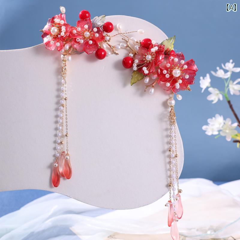 髪飾り レディース 漢服 和装 和風 赤い花 タッセル ペアヘアクリップ コーム セット 樹脂製 手作り レ..