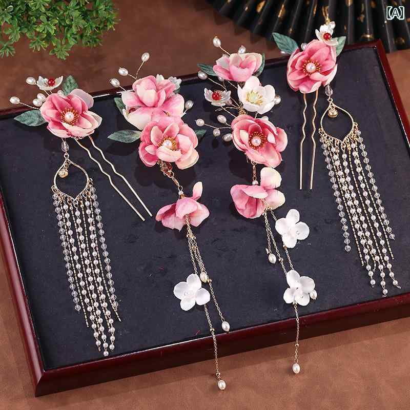 ヘアアクセサリー キッズ 子供用 漢服髪飾り 中国風 シルクフラワー ピンク系 手作り タッセル 歩揺か..