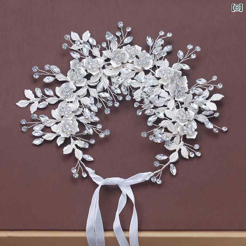 ヘッドドレス 女の子 女性用 ブライダル 結婚式 花嫁 欧米風 パール パール 森ガール風 ナチュラル 編み込み ラインストーン 花冠 フラワー 発表会 舞台 イベント 髪飾り ヘアアクセサリー ゴールド シルバー(x2)