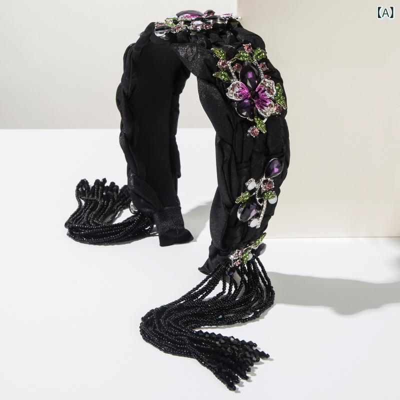 ヘアアクセサリー レディース チャイナ風 オリエンタル 手編み ツイスト タッセル カチューシャ ラインストーン 蝶モチーフ レトロ ヴィンテージ フォーマル パーティー 結婚式 お呼ばれ 上品 エレガント