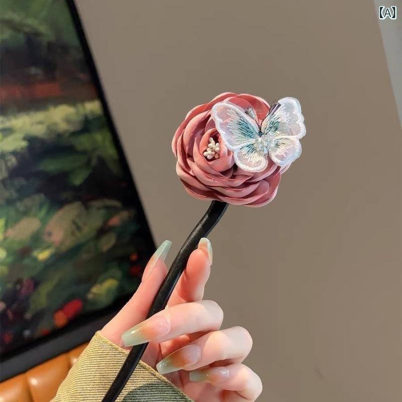 簪 キッズ 馬面スカート 漢服 和装小物 中華風 古典 ヘアアクセサリー レトロ 刺繍 蝶 木製 黒檀 ヘアクリップ かわいい 上品