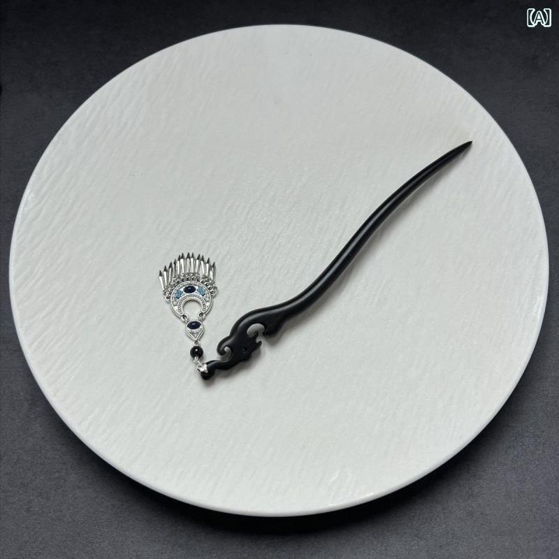 ヘアアクセサリー レディース 黒檀木 エボニー 中国風 エスニック 古風 レトロ 馬面デザイン タッセル ..