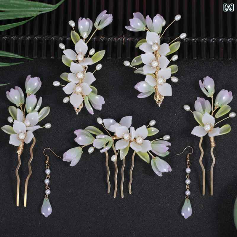 髪飾り レディース 古風 漢服スタイル 花びら フラワーデザイン ヘアクリップ かんざし ペアセット ガラス細工 ハンドメイド 和装小物 イベント パーティー 森ガール ナチュラル フェミニン かわいい 秋冬