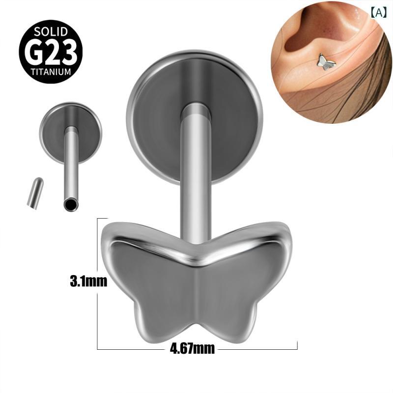 ボディピアス 男女兼用 チタン スタッド リップ用 軟骨用 T字型 バタフライ 5粒ジルコニア フラワー 韓国風 かわいい シルバーカラー(x2)