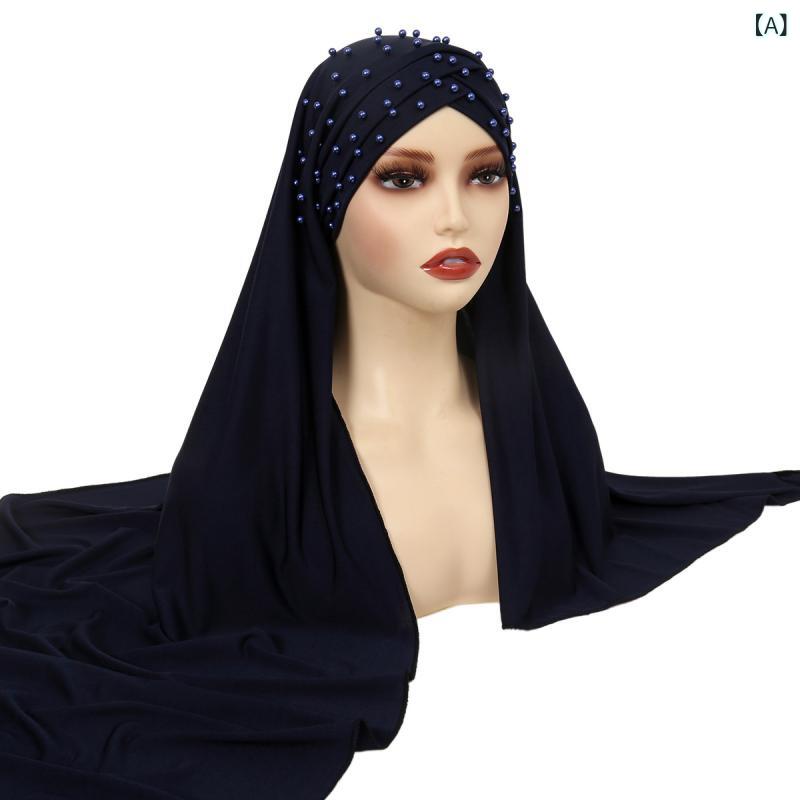 ターバン レディース 再生繊維 ポリエステル素材 パール飾り クロスデザイン 結び紐 無地 民族風 エスニック ファッション ヘッドスカーフ ネイビー 紺 おしゃれ 普段使い カジュアル 大人