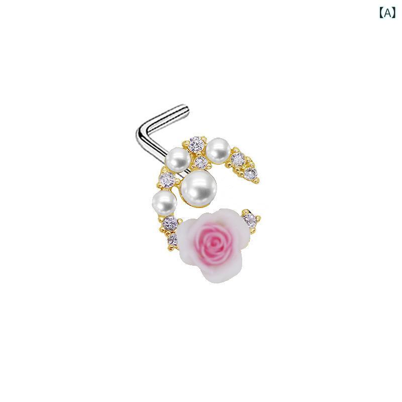 鼻ピアス 男女兼用 サージカルステンレス パール ハートモチーフ ジルコニア 羽根 リボン L字型 ボディピアス シンプル カジュアル 普段使い(x5)