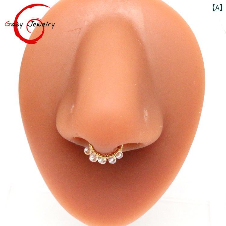 鼻ピアス 男女兼用 ノンホール フェイク サージカルステンレス製 円形 ビーズ 巻き線 ノーズリング 穴不要 挟むタイプ 金属アレルギー対応 欧米風 ファッション カジュアル(x5)