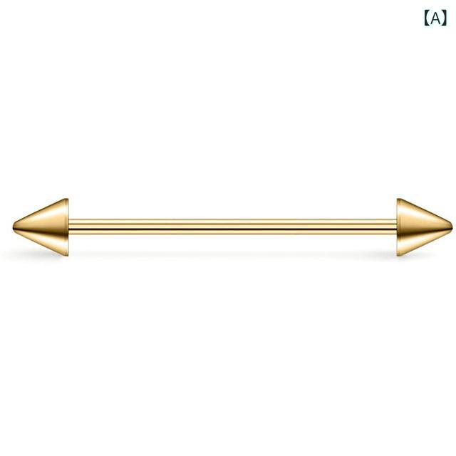 ボディピアス 男女兼用 ステンレス ロングバーベル 両端スパイク コーン 軟骨 ヘリックス ブリッジ 2連ピアス 電気メッキ加工 ゴールド ブラック ローズゴールド カラフル