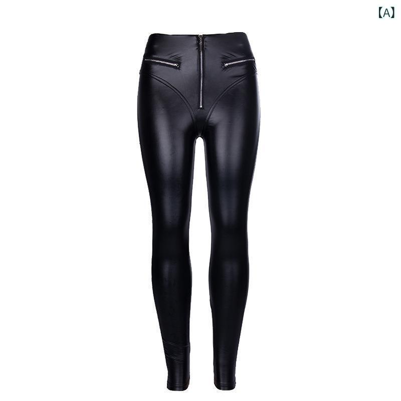 パンツ レディース ブラック PUレザーパンツ 合皮 ハイウエスト スキニー ジョガーパンツ 裾絞り ライダース ロング丈 ジッパーファスナー ピーチヒップ ヒップアップ 未来感 ストリートカジュアル