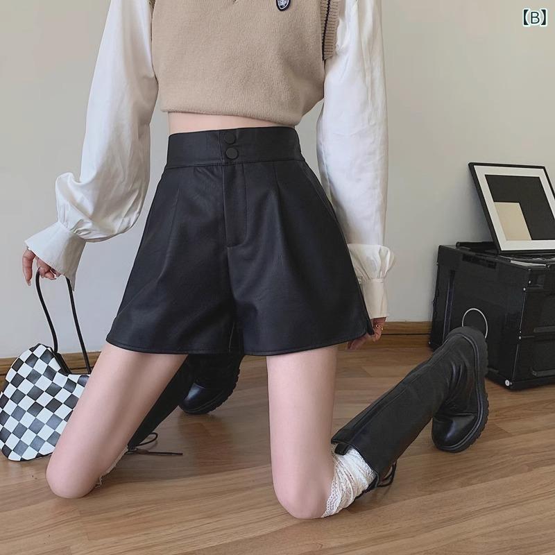 ショートパンツ レディース PUレザー フェイクレザー 秋冬 ハイウエスト Aライン スタイルアップ ワイドシルエット ブラウン カジュアル 普段使い 薄手 伸縮性