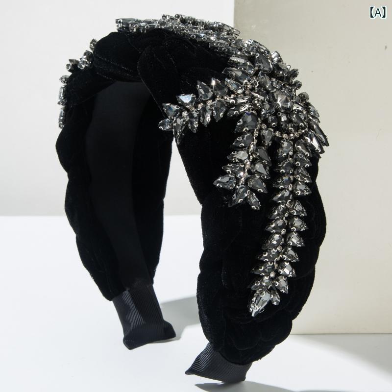 ヘアアクセサリー レディース カチューシャ 韓国ベロア 手編み ねじり三つ編み 幅広 ジルコニアライン..