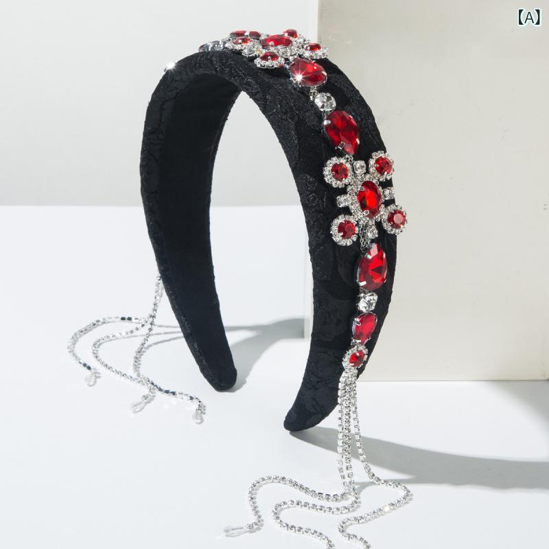 樂天商城 - ヘアアクセサリー レディース レトロファッション カチューシャ ワイド 幅広 ラインストーン タッセル 花モチーフ 華やか 上品 エレガント パーティー 結婚式 イベント フォーマル 普段使い レッド ホワイト 布製