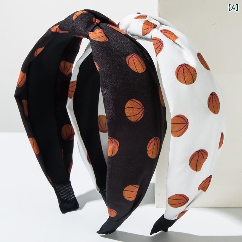 ヘアバンド レディース スポーティー 布製 ファブリック 幅広 ノット 結び目 バスケットボール柄 カチ..