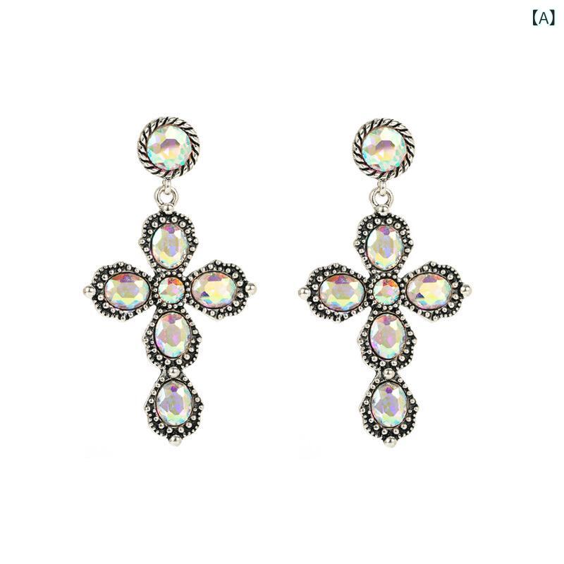 ピアス レディース 欧米風 大ぶり 幾何学 カラフルガラスストーン アンティークシルバーメッキ ロング丈 上品 きらめく 個性的 イヤリング 秋冬アクセサリー