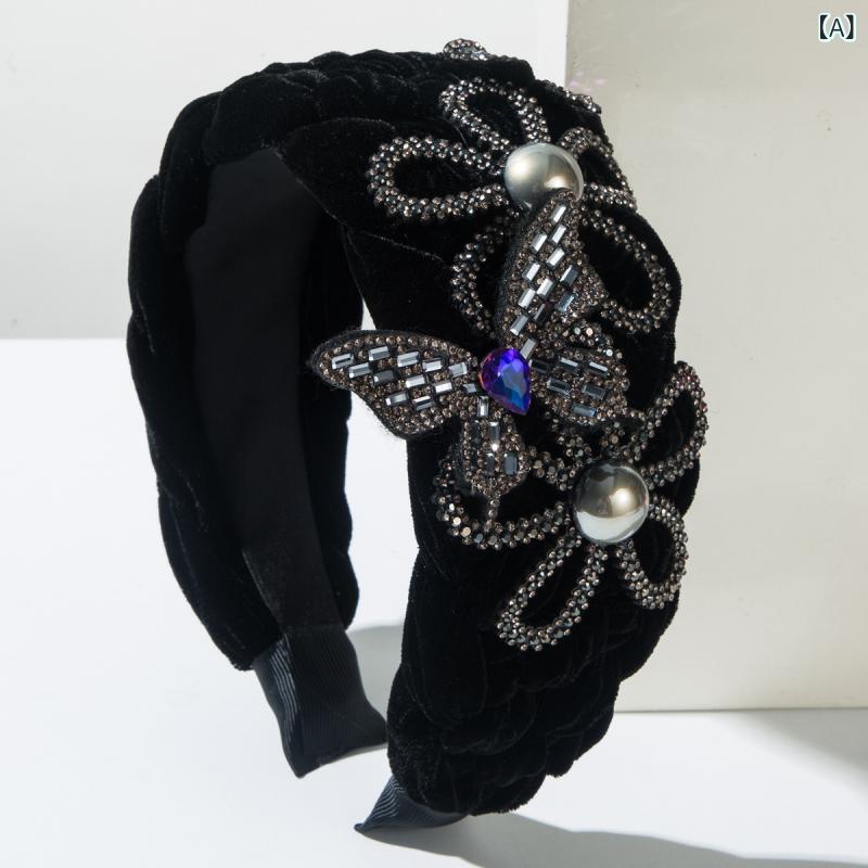 カチューシャ レディース 秋冬 ベルベット ラインストーン フラワー 蝶々 幅広 ボリュームアップ レト..