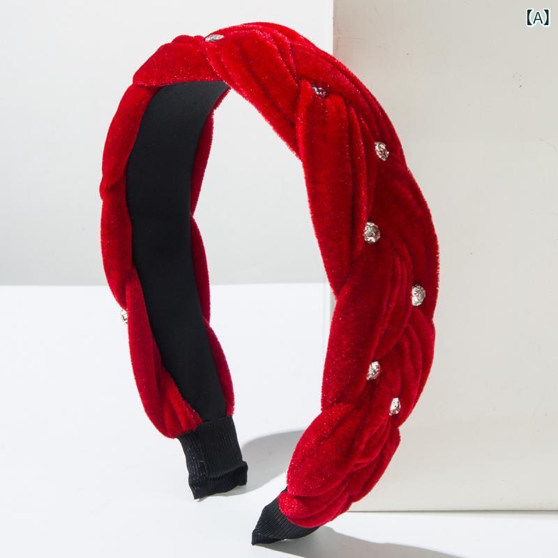 カチューシャ レディース 秋冬 韓国風 ベロア 編み込み 三つ編み パール ラインストーン 上品 エレガン..