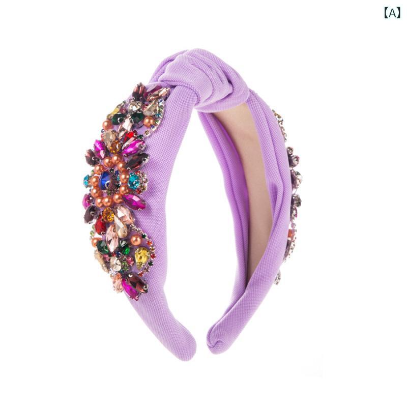 ヘアバンド レディース 女性用 幅広 クロスデザイン 結び目 ラインストーン 幾何学模様 無地 布製 上品..