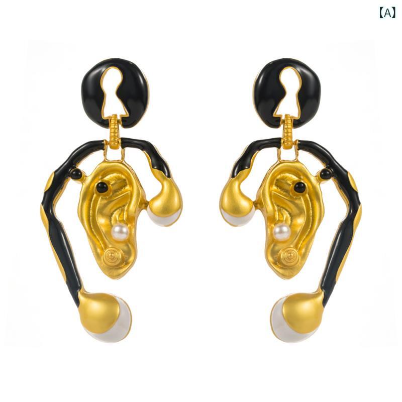 Cubic Zirconia - ピアス レディース 女性用 欧米風 ヴィンテージ 合金 ジルコニア装飾 S925シルバーポスト ユニーク 瞳モチーフ 大ぶり 個性的 舞台 ファッションショー ランウェイ ブラック ゴールド