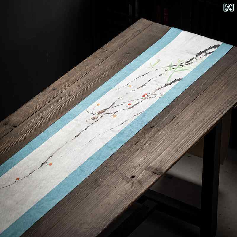 テーブルランナー 厚手 滑り止め 防水 手描き スエード調 中国風 花柄 ボタニカル 綿麻 ポリエステル レーヨン ロング ティーマット インテリア ブルー グリーン(x2)