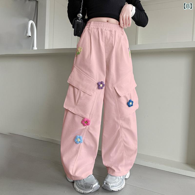 narukiのパンツ キッズ 女の子 春秋 カジュアルパンツ カーゴパンツ ロングパンツ ワイドパンツ 立体花モチーフ コットン ウエストゴム 無地 かわいい おしゃれ｜アングル2