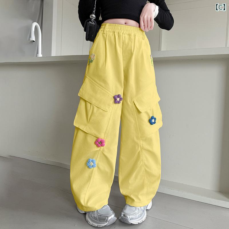 narukiのパンツ キッズ 女の子 春秋 カジュアルパンツ カーゴパンツ ロングパンツ ワイドパンツ 立体花モチーフ コットン ウエストゴム 無地 かわいい おしゃれ｜アングル3