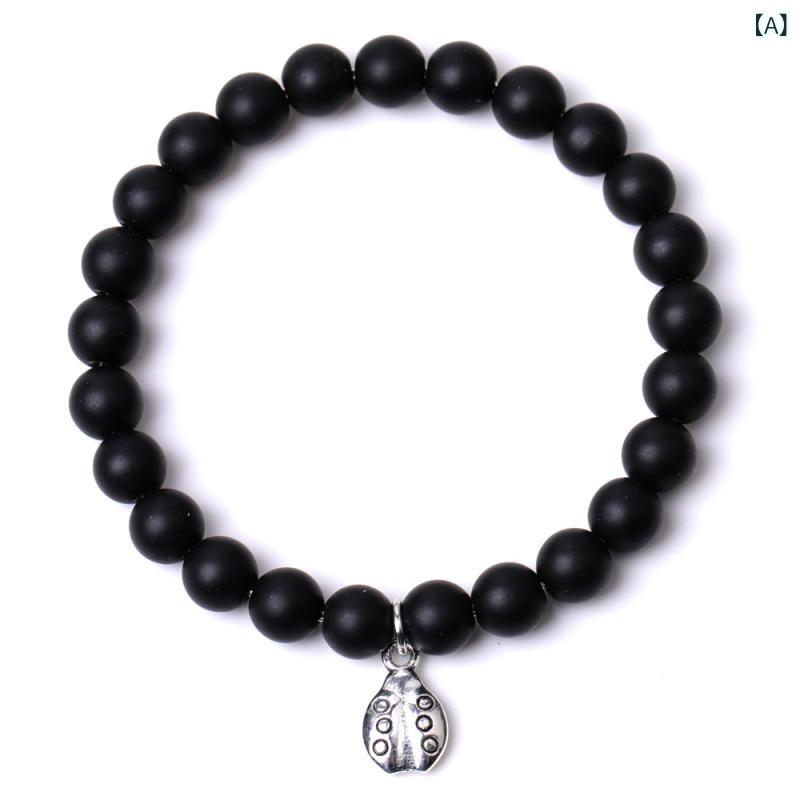 ブレスレット 腕輪 男女兼用 ユニセックス メンズ レディース てんとう虫チャーム 天然石 パワーストーン タイガーアイ ストライプ紫メノウ 黒線赤紋 手編み 幾何学模様 おしゃれ 普段使い カジュアル ヨガ