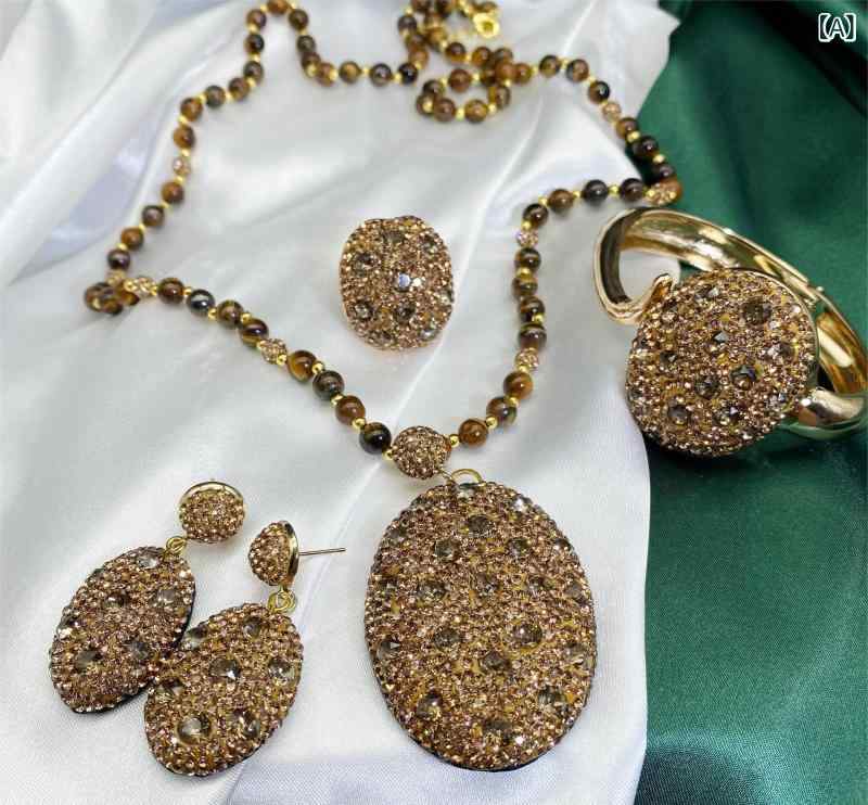 Ladies' Jewelry Set: Natural Tiger's Eye, Glass, Crystal, Gold Inlay, Luxurious Necklace, Earrings, Bracelet, and Ring (4-piece set) in Brown. Suitable for everyday wear and formal occasions.