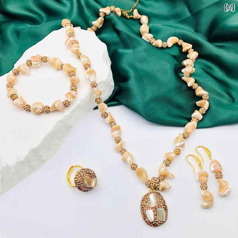 アクセサリーセット レディース シェル ネックレス ブレスレット 指輪 ピアス レトロ エスニック 高級感 通勤スタイル ブラウン系 合金製 ジルコニア