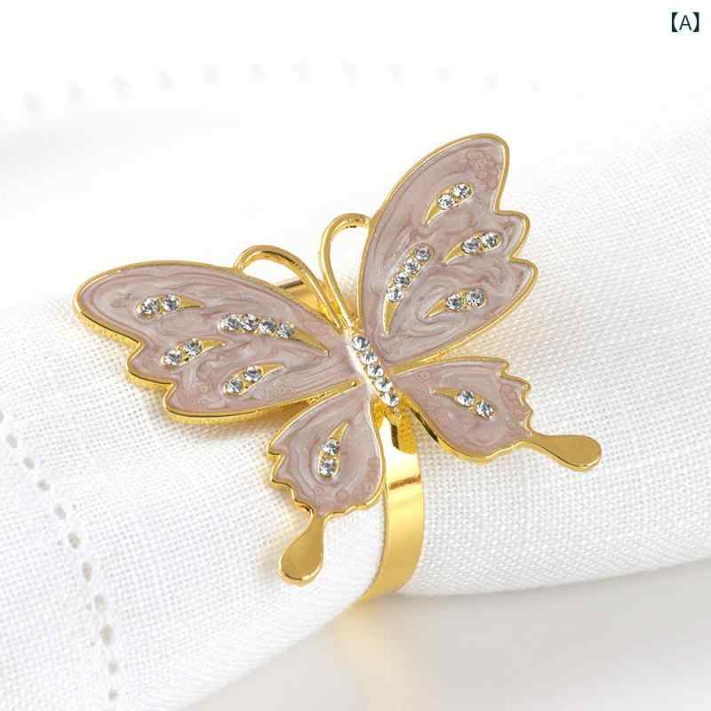 ナプキンリング 蝶 バタフライ ラインストーン ジルコニア エナメル ゴールド 金色 金属製 亜鉛合金 電気メッキ加工 ホテル レストラン 結婚式 パーティー テーブルコーディネート エレガント 高級感(x6)