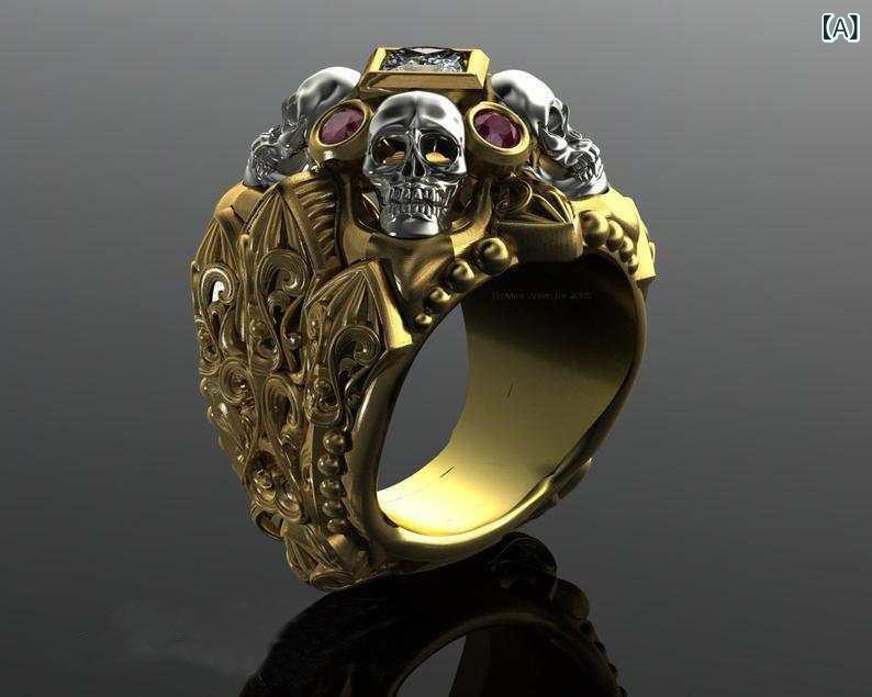 指輪 メンズ 男性用 欧米風 人気 合金製 スカル パンク ロック ストーン装飾 電気メッキ加工 レトロ ヴィンテージ 個性的 ファッション アクセサリー 小物