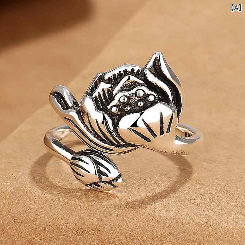 指輪 男女兼用 リング 銅製 レトロ ヴィンテージ加工 蓮 ロータス モチーフ エスニック 民族風 個性的 ..